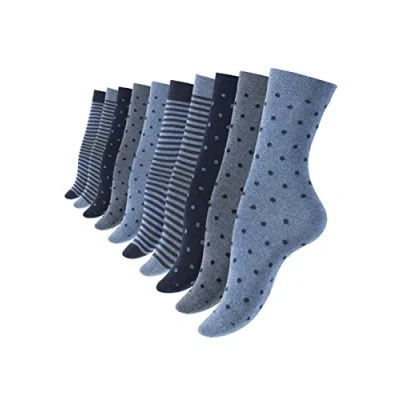 Afbeelding van Vincent Creation 10 paar schattige sokken voor dames en meisjes van katoen met stippen strepen, Denim Blauw