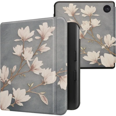 Afbeelding van kwmobile E reader hoesje geschikt voor Kobo Libra Colour hoes flip case met magnetische sluiting Ereader cover Magnolia design in taupe / wit blauwgrijs