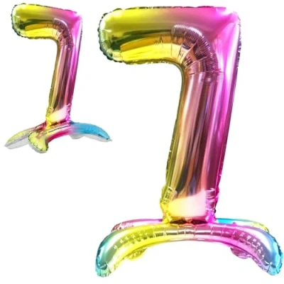 Afbeelding van ballon 7 verjaardag nummer folie meerkleurig staand XXL reuzenballon van aluminium 82 cm decoratie voor