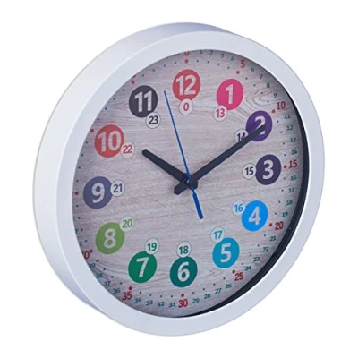 Afbeelding van Relaxdays kinderklok 30 cm leerklok met kleuren witte wandklok kinderkamer cijfers