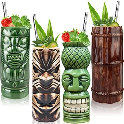 Afbeelding van Tiki Bril bar Accessoires Set van 4 Mokken Grote Tumblers Keramische Cocktail Glas Hawaiiaanse Luau Party Drinkware, Leuke exotische voor