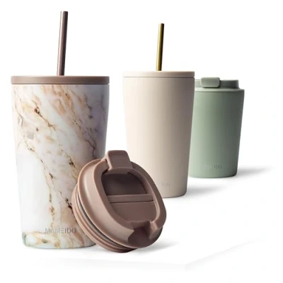 Afbeelding van Mameido Thermosbeker met rietje, 470 ml, waterdichte koffiethermos, van roestvrij staal, BPA vrije thermobeker, koffiebruin (Parelmoer, 0,47 l)