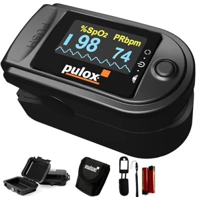 Afbeelding van PULOX PO 200 Solo pulsoximeter in zwart voor het meten van hartslag en zuurstofverzadiging op de vinger