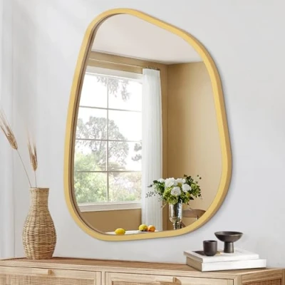 Afbeelding van HLFMVWE Asymmetrische decoratieve spiegel met onregelmatig houten frame, moderne en unieke ovale voor badkamer, woonkamer, slaapkamer, entree, hal, kunstspiegel, klein formaat,