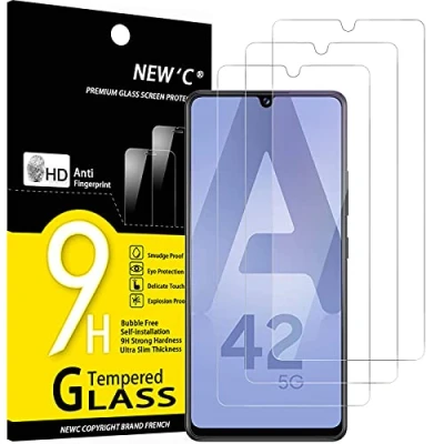 Afbeelding van NEW&#039;C Displaybeschermfolie van gehard glas voor Samsung Galaxy A42 5G, M12, krasbestendig, zonder luchtbellen, extreem robuust (0,33 mm HD ultra transparant), hardheid 9H, 3 stuks