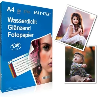 Afbeelding van HAYATEC 50 vellen A4 fotopapier, glanzend, voor inkjetprinters, 200 g/m², fotokaarten, sneldrogend, waterdicht, glanzend wit