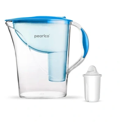 Afbeelding van PearlCo standaard waterfilter (blauw) met 1 klassiek filterpatroon vermindering van kalk, chloor, lood en koper compatibel Brita Classic, Made in EU