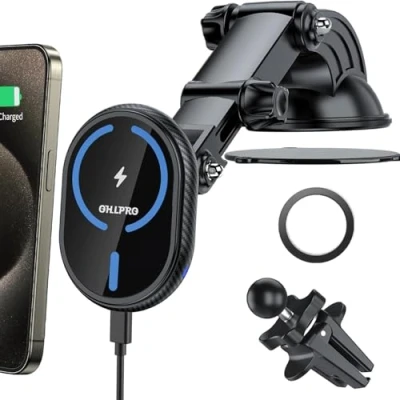Afbeelding van Auto mobiele telefoonhouder met oplaadfunctie verstelbare telescopische arm, voor Magsafe autohouder en iPhone 14/13/12 serie, 360 voorruit dashboard autolader