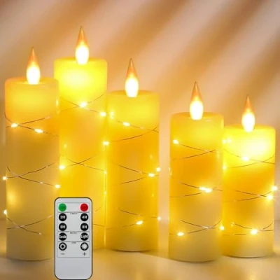 Afbeelding van Da by LED kaarsen, batterijkaarsen, met ingebouwde lichtslingers 5 delige vlamloze 10 sleutel afstandsbediening, 24 uurs timerfunctie, dansende vlam, echte was (batterijen niet inbegrepen).