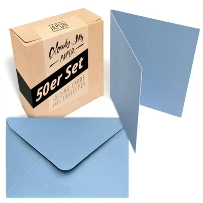 Afbeelding van Japun Set van 50 blanco vouwkaarten met enveloppen, om te personaliseren, beschrijven of afdrukken DIN A6/C6 blauw