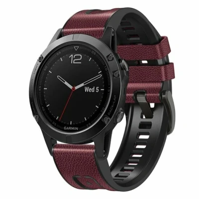 Afbeelding van leer + siliconen bandje Bordeaux Garmin Quatix 7X / 6X &amp; Tactix 7 (pro)
