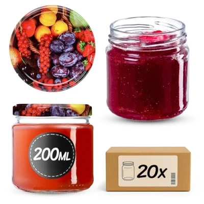 Afbeelding van KADAX Kleine inmaakpotten, 200 ml, luchtdicht, rond, FI66 mm, jampotten, bokalen, minipotten voor honing en kruiden, 20 stuks, fruitmotief