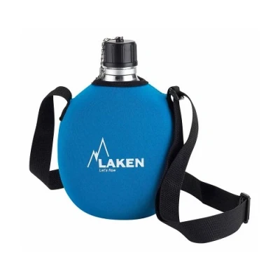 Afbeelding van LAKEN Clasica Aluminium campingfles met neopreen tas en riem, smalle hals, lekvrij, BPA vrij, blauw, 1 liter