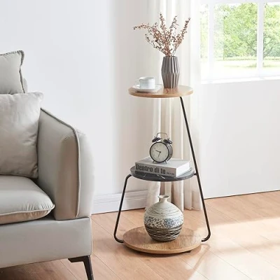 Afbeelding van Design bijzettafel bankpunt met 3 niveaus, opbergplank, spaanplaat, metaal, 74 x 46 37 cm, walnooteffect, marmer, zwart