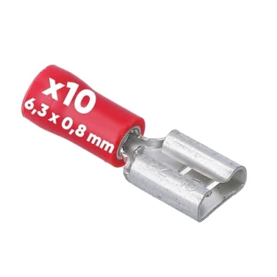 Afbeelding van 10 stuks Kalitec FHR638 platte stekkerdoos rood 6,3x0,8 I 0,5 1,5mm² kabelconnector gedeeltelijk geïsoleerd messing voor voertuigen en industrie
