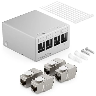 Afbeelding van deleyCON 4 Poorts Patchpanel Set Patch Field 1HE + 4x RJ45 Keystone Jack Module STP CAT6a Compatibel met Installatiekabels CAT5 CAT6 CAT7 Netwerkkabel Ethernet LAN DSL Grijs