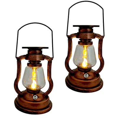 Afbeelding van Set van 2 vintage led lantaarns op zonne energie met ledkaars, tuinlantaarns energie, tuinlamp antiek glas (2 energie)