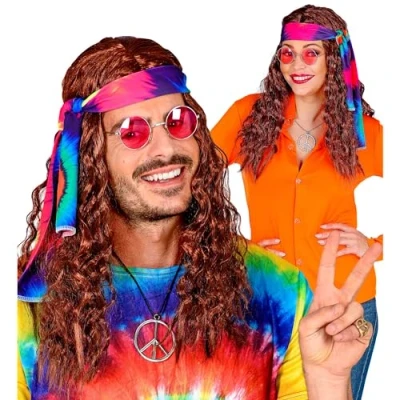 Afbeelding van Widmann Hippie Kostuum Pruik Met Hoofdband Tie Dye Bruin Blauw, Roze, Carnavalskleding Verkleedkleding