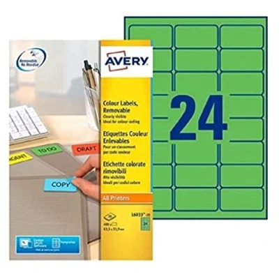 Afbeelding van Avery afneembare gekleurde etiketten ft 63,5 x 33,9 mm (b h), 480 stuks, 24 per blad, groen etiket