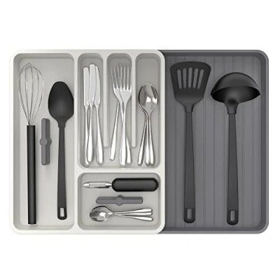 Afbeelding van Uitbreidbare bestekbak Ladehouder Keuken Verstelbare bestekorganizer voor bestekkeukengadgets en kookaccessoires, wit grijs