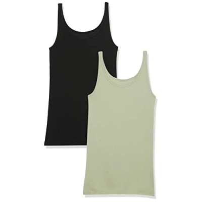 Image de Amazon Essentials Lot de 2 débardeurs à fines bretelles pour femme, coupe ajustée, noir/vert sauge clair, taille L