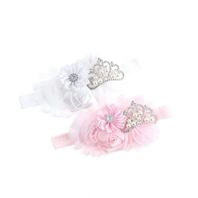 Afbeelding van Nishine Set van 2 rekbare doophaarbanden stof voor baby&#039;s (wit/roze)