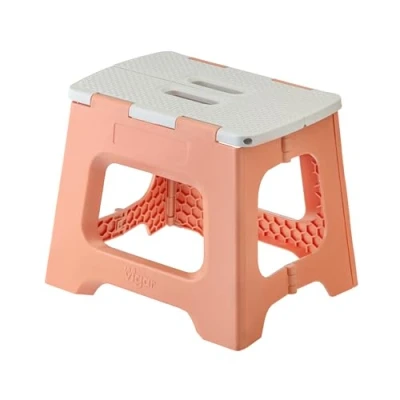 Afbeelding van VIGAR Klapkruk Compact model Hoogte 27 cm Antislip bovenkant Ideaal voor keuken, bad en camping Maximale belasting 150 kg Oranje grijs