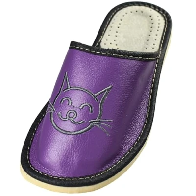 Afbeelding van APREGGIO pantoffels voor dames, leer, handgemaakt, volwassenen, praktische comfortabele stevige zool, damesschoenen, Grijs Paars
