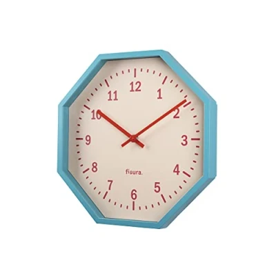 Afbeelding van FISURA Moderne wandkast met acht hoogtes in de kleur blauw. keukenklok. Wandklok zonder luid tikken. Blauwe wandklok. 30 centimeter diameter. Hout en glas. 1 AA batterij.