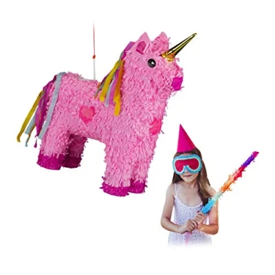 Afbeelding van Relaxdays pinata eenhoorn roze ophangen voor kinderen zelf vullen verjaardag unicorn