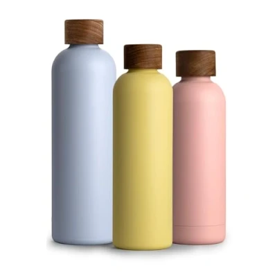 Afbeelding van Roestvrij stalen drinkfles, 750 ml, thermosfles 0,75 l met acaciahouten deksel, geïsoleerde waterfles, lekvrij bij koolzuur, citroen Squeeze Yellow