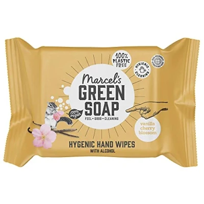 Image de Marcel&#039;s Green Soap Lot de 15 lingettes humides hygiéniques pour les mains Vanille et fleur cerisier À base plantes Respectueux l&#039;environnement