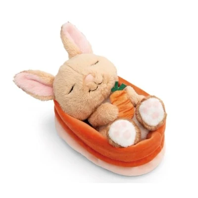 Afbeelding van NICI knuffeldier konijn met wortel 12 cm in slaap de mand bruin zacht pluche, schattig om te knuffelen en spelen, voor kinderen volwassenen, een geweldig cadeau idee 61584