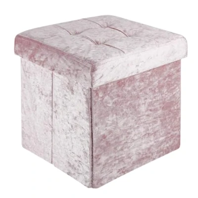 Afbeelding van Intirilife Opvouwbaar krukje 38x38x38 cm in fluweel rosé zitkubus met opbergruimte en deksel fluwelen bekleding voetensteun opbergkist bankzitting