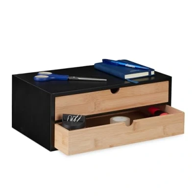Afbeelding van Relaxdays Ladebox van bamboe en MDF, mini commode met 2 laden, 14 x 33 21 cm (h b d), bureau organizer, zwart/naturel