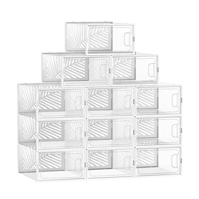 Afbeelding van SONGMICS Schoenendoos transparant, 12 stuks, opbergbox, voor maat 44, stapelbaar, sneakercollectie, hoge hakken, transparant en wit LSP106W12