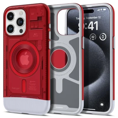Afbeelding van Spigen Classic C1 MagFit Hoesje Geschikt voor Apple iPhone 15 Pro Compatibel met MagSafe Retro Back Cover Rood