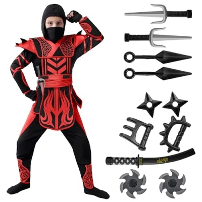 Afbeelding van Spooktacular Creations Halloween krijger ninjakostuum rood zwart voor jongens en meisjes, verkleedfeest, ninja rollenspel, themafeesten (Medium (8 10 jaar))