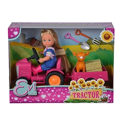 Afbeelding van Simba 105733518 Evi Love tractor pop op zijn met aanhanger, dier, hooibal, schep en vork, 12 cm, geschikt voor kinderen vanaf 3 jaar