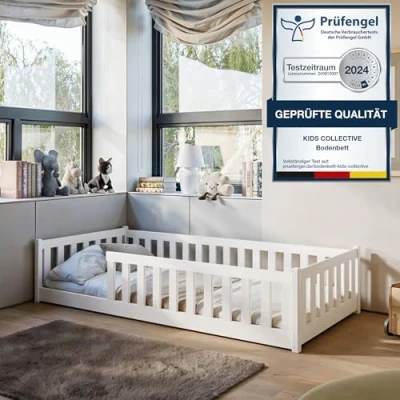 Afbeelding van kinderbed, vloerbed, 80 x 180 cm, bed met valbescherming en Montessori lattenbodem, wieg, tienerbed, eenpersoonsbed, grenen, wit, massief, jongens, meisjes