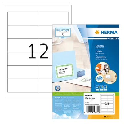 Image de Herma Premium 4669 étiquettes adhésives permanentes A4 97 x 42,3 mm (1200 étiquettes) blanc