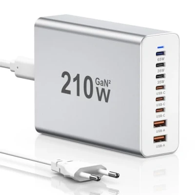Afbeelding van USB C oplader, 210 W, stroomvoorziening C, 8 poorten, GaN PD 3.0, snellader met mannelijke multi laadadapter, compatibel iPhone 12/13/14/15 series/MacBook Pro/Air/Samsung Galaxy S23/S22/S21