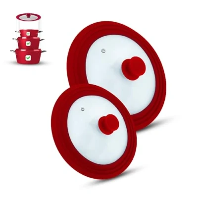 Afbeelding van M.S.N Set van 2 universele glazen deksels voor potten en pannen 16/18/20 cm 24/26/28 cm, met uitlaatventiel siliconen rand, rood,