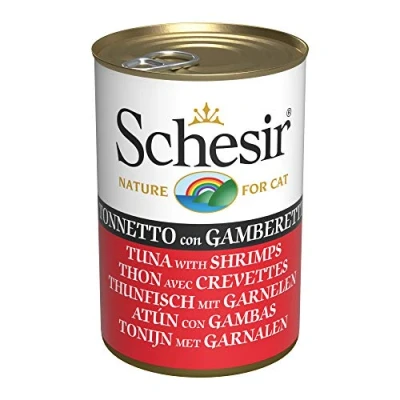 Afbeelding van 6x140g Tonijn met garnalen Schesir Complete Nutrition in gelei natvoer voor katten
