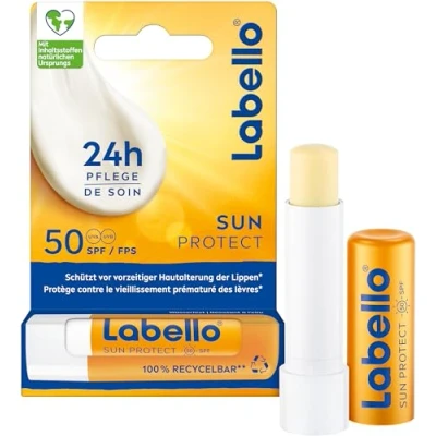 Image de Labello Sun Protect SPF 50 Soin pour les lèvres imperméable avec haute protection solaire, sans huile minérale, beurre de karité, vitamines et huiles naturelles (4,8 g)
