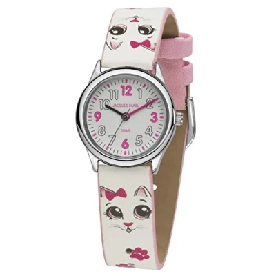 Afbeelding van JACQUES FAREL Horloge Kind Kinderhorloge Meisje Kat Wit &amp; Roze Zilverkleurig Analoog 3 Bar Ø 27 mm Verstelbaar bandje (12 17cm) Duidelijk HCC561