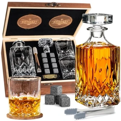 Afbeelding van Whisiskey Whiskey karaf Klassik in houten giftbox Luxe Whisky Set 700 ml Decanteer Incl. 8 Stones, 2 Glazen &amp; Extra Accessoires