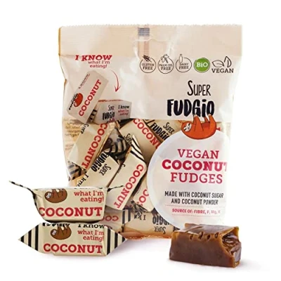 Afbeelding van Super FUDGiO Organische snoep, kokos, veganistisch en glutenvrij, biologische karamel zonder palmolie, met kokosmelk kokosuiker, multipack van 150 g, smaak: kokos