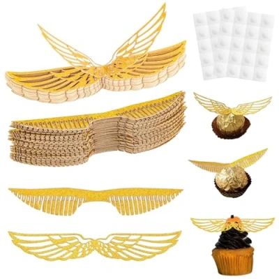 Afbeelding van 50 stuks gouden glittervleugels Harry Potter verjaardagsdecoratie Glanzende chocolade Taartvleugels voor snoep, verjaardag, feest, cupcake