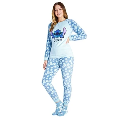 Afbeelding van Disney pyjama voor dames Fleece met bijpassende sokken, keuze uit Stitch, Micky, Minnie, Baby Yoda, Blauwe Stitch